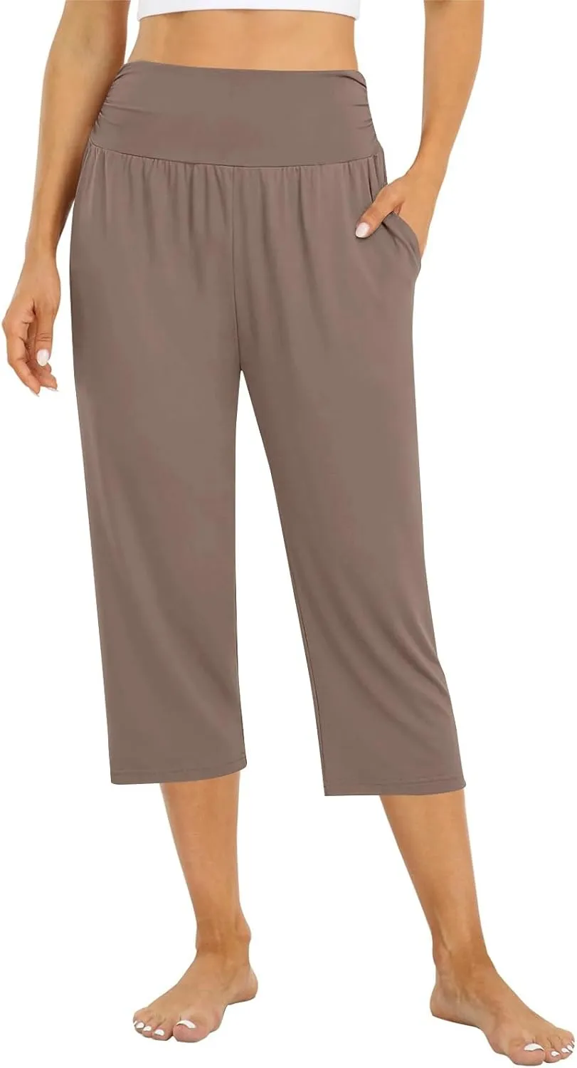 Yoga Capris with Pockets for Women Trendy Loose Fit Elastic High Waisted Capri Pants Comfy Stretch Cropped Pants