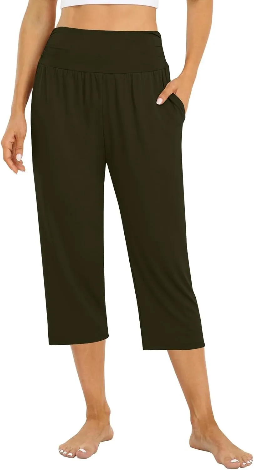 Yoga Capris with Pockets for Women Trendy Loose Fit Elastic High Waisted Capri Pants Comfy Stretch Cropped Pants